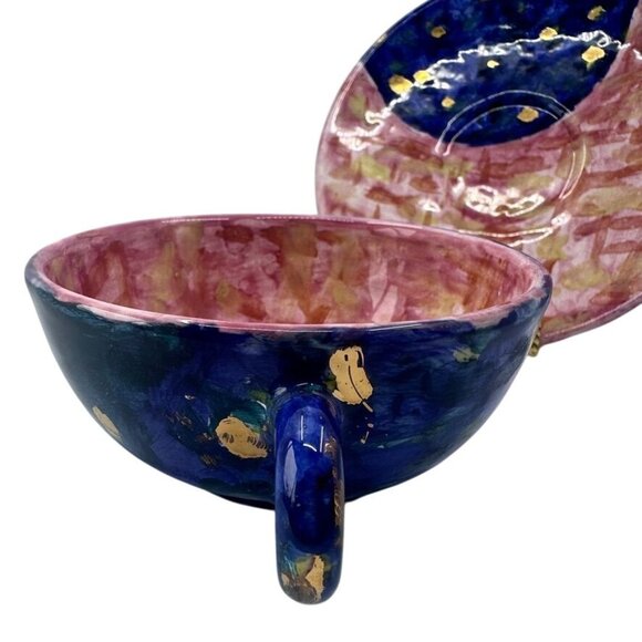 Rare Grazia Deruta Italy Hand Painted Pink & Blue Cup & Saucer Signed B. Piolo - Picture 6 of 13